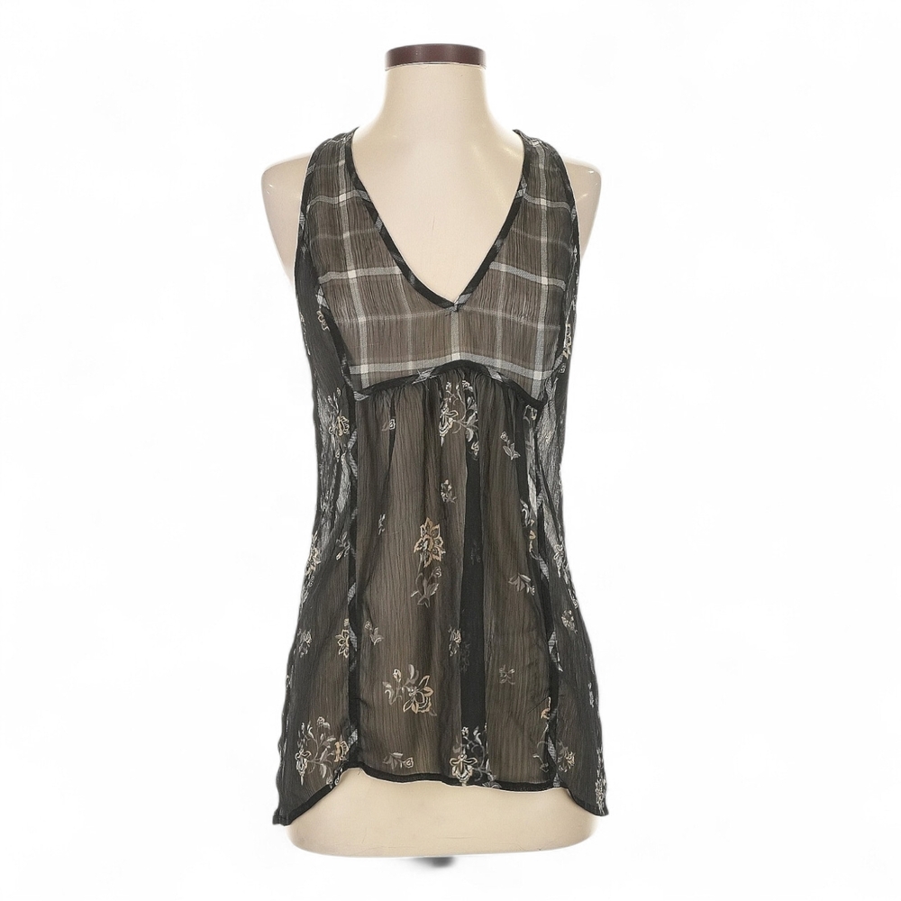 CONVERSE ONE STAR Star Sheer Black Floral Plaid Mixed Media Sleeveless Top Small